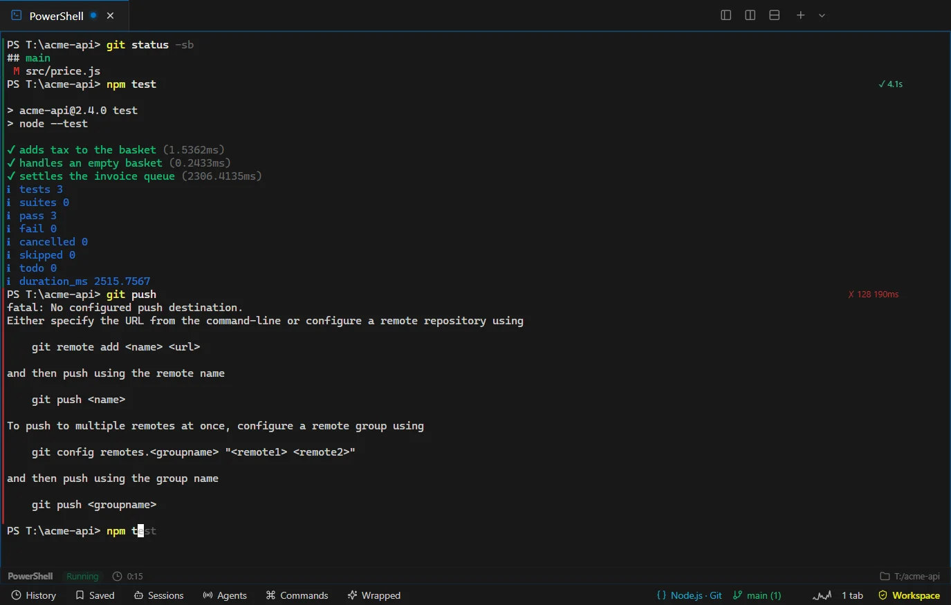 TermFlow Lite showing npm test marked passed in 4.1 seconds and git push marked failed with exit code 128