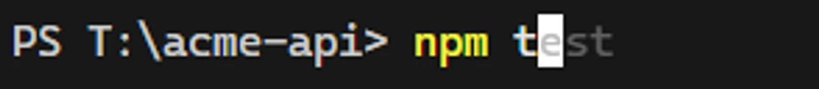 The prompt shows npm t typed and the rest of npm test suggested in grey